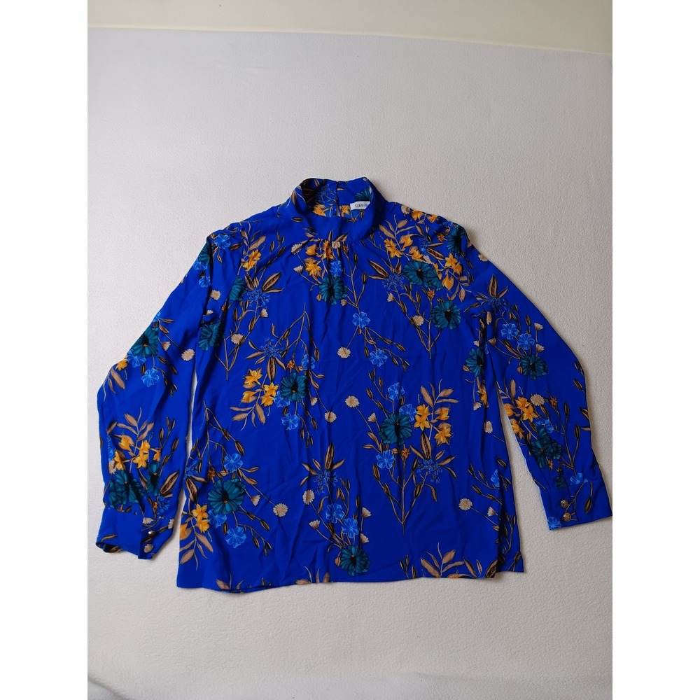 Calvin Klein Womens Blue Floral Mock Neck Long Sleeve Blouse Size L Gold Buttons